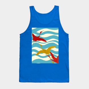 RED YELLOW FLYING CRANES ON WHITE BLUE OCEAN WAVES Tank Top